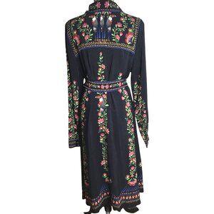 FARM RIO Toucan Garden Midi Shirt Dress Black Embroidered Belted Size L NWOT